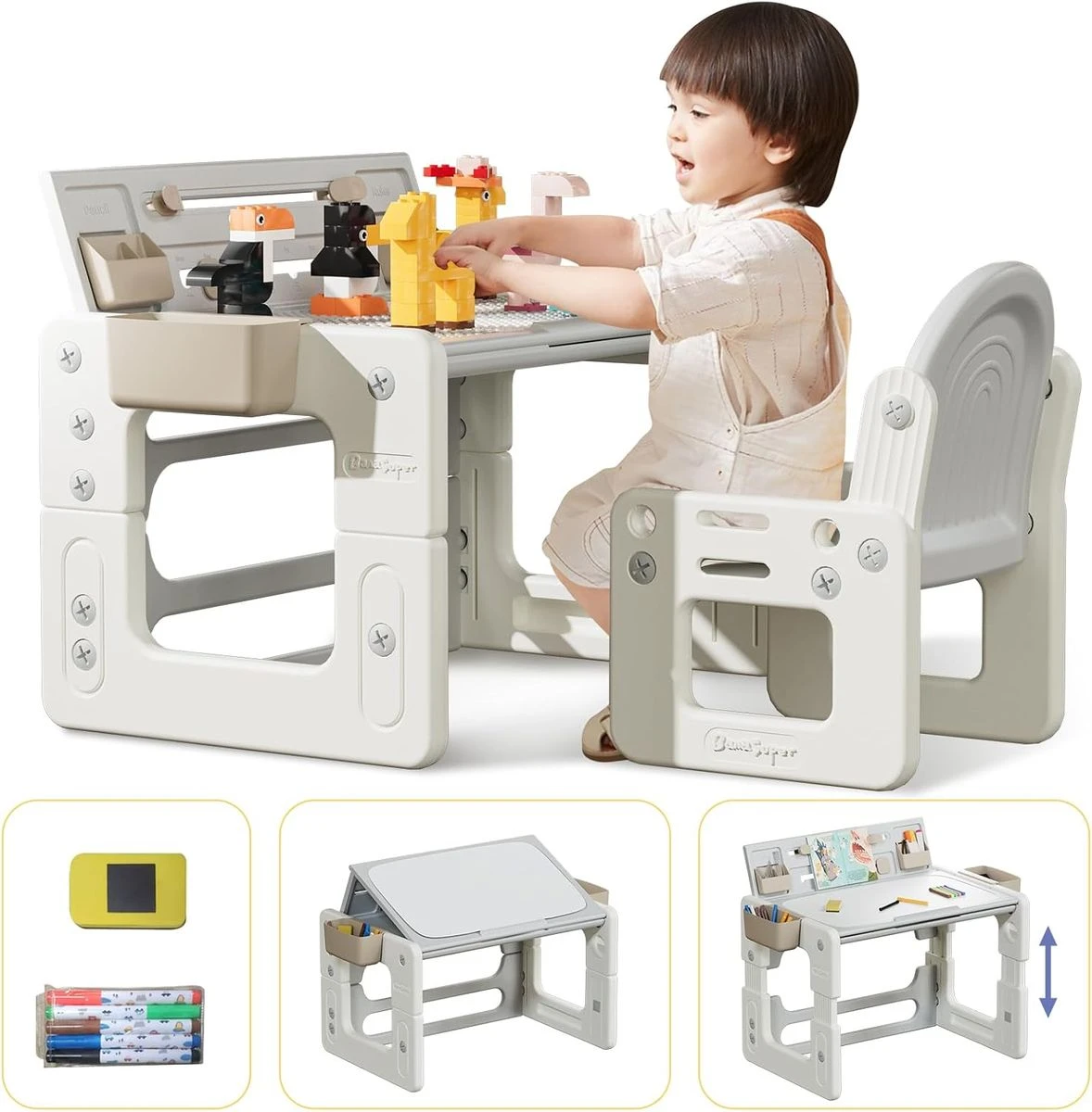 2-sided Drawing Table and Chair Set with Adjustable Height for Preschoolers