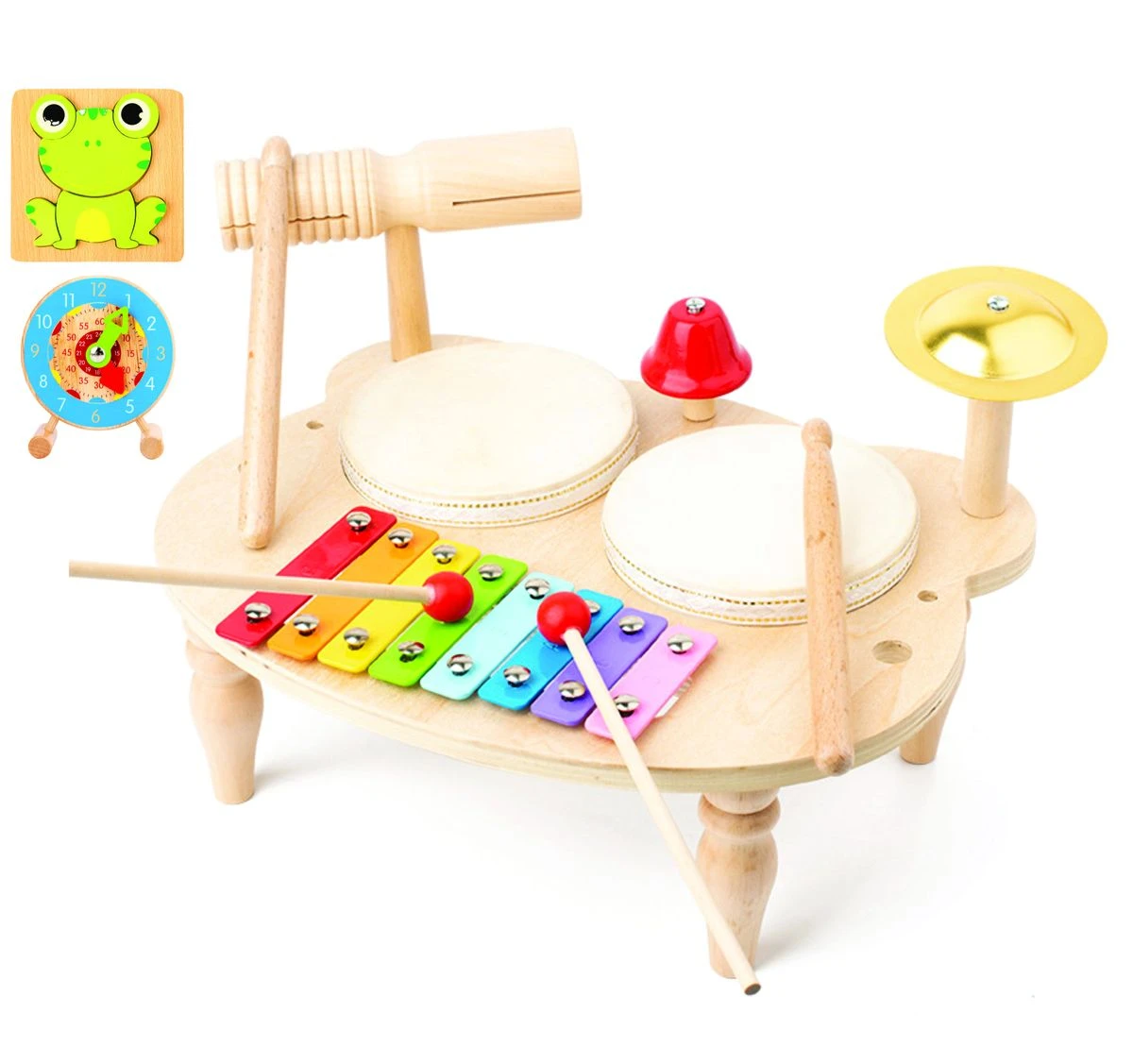Educational Toys for Toddlers, 10 in 1 Wooden Drums Percussion Kids Drums