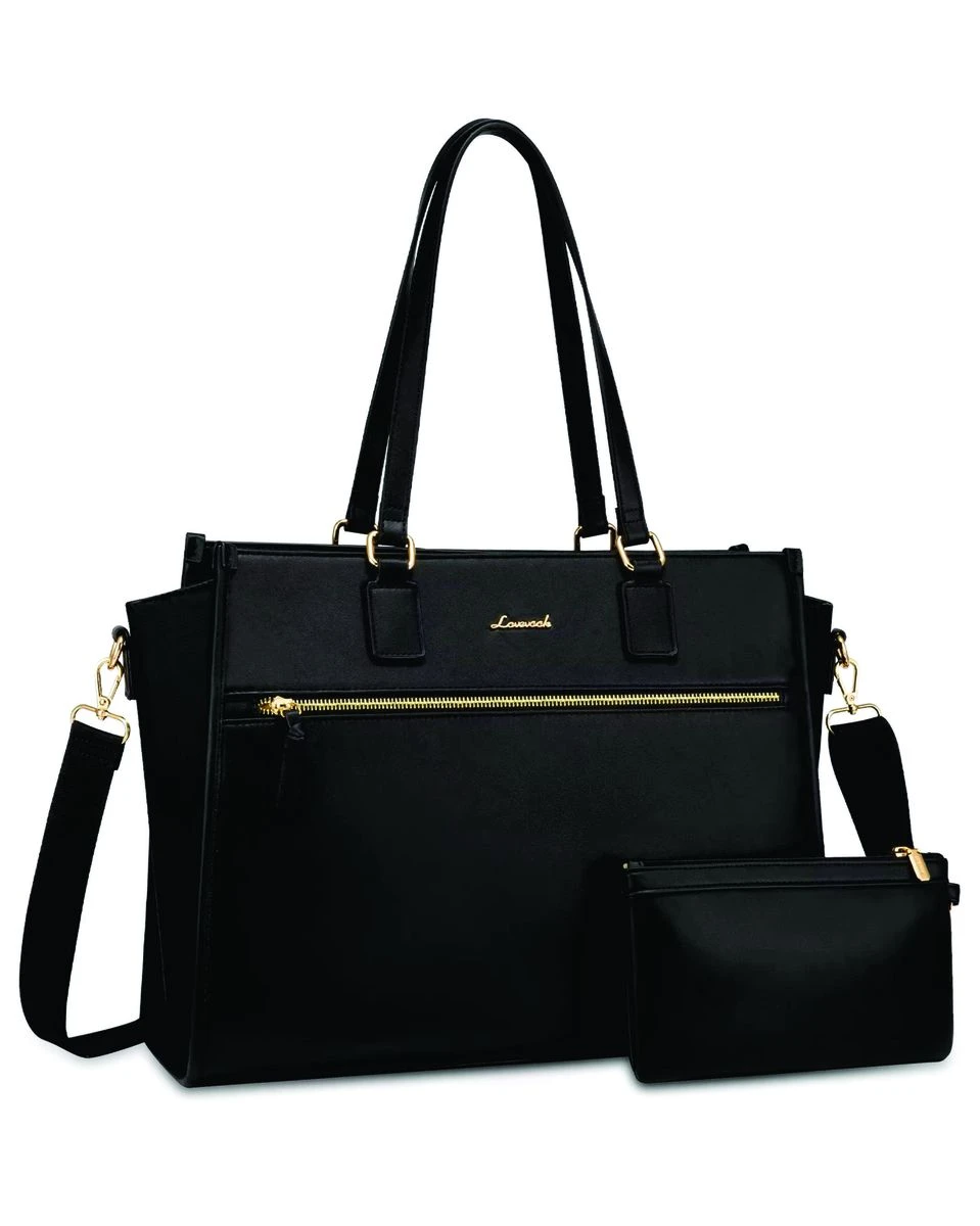 Lovevook Women's Shoulder Bag Leather Laptop Bag with Tote Hand Bag - 15.6" - Black