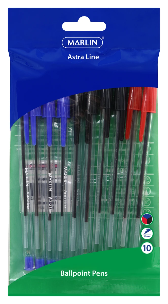 Marlin Astra-Line Medium Nib Ballpoint Pens - Assorted (Pack of 10)