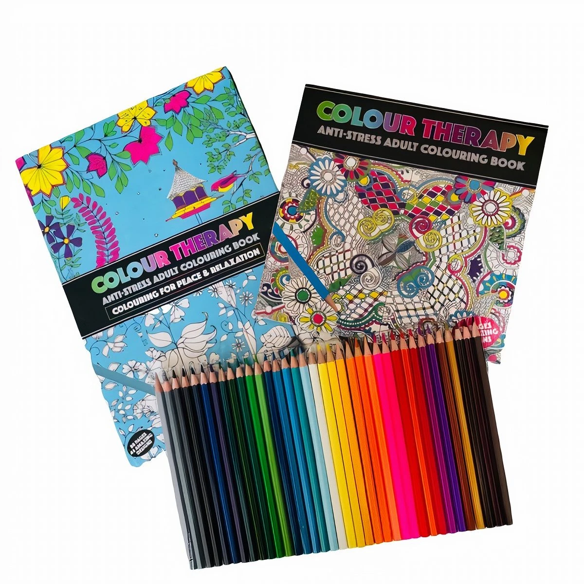 Colour Therapy Anti-Stress Adult Books (Set of 2) + 36 Pencils (Gift Set)