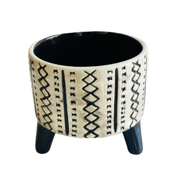 African Tripod Ceramic Embossed Plant Pot