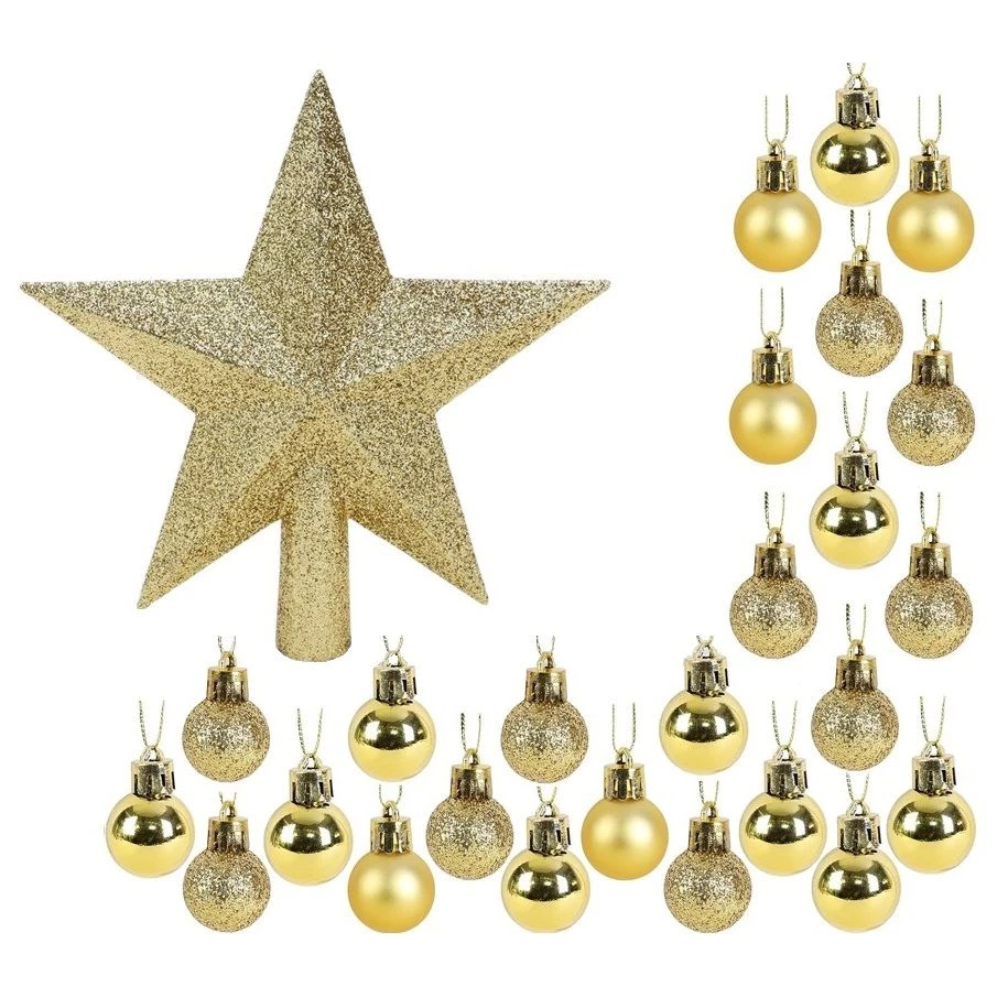Christmas Tree Baubles 25 Piece (2.5cm) & Star Topper (15cm) Set - Gold - 1 Pack