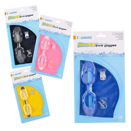 Bulk Pack 4x Swimming Cap & Goggle Set With Ear Plugs & Nose Clip