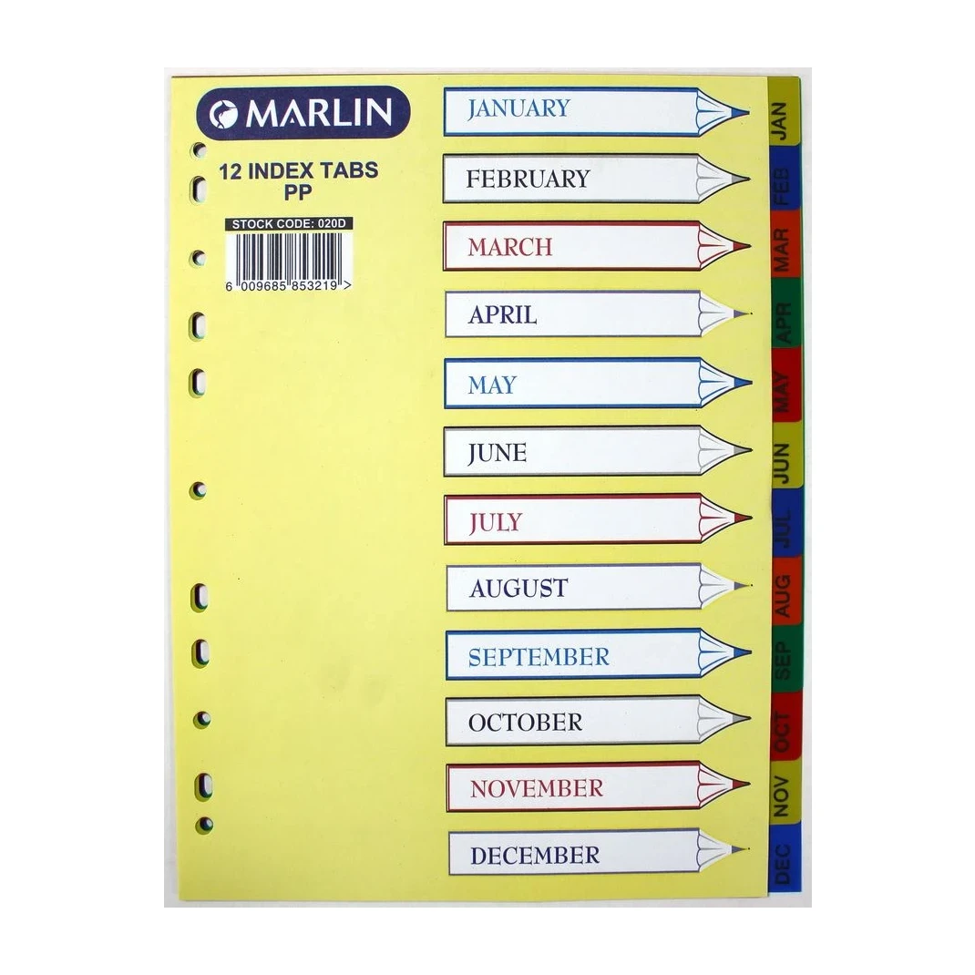 Marlin File 12 (Jan - Dec) Index Dividers Polyprop Bright Colours