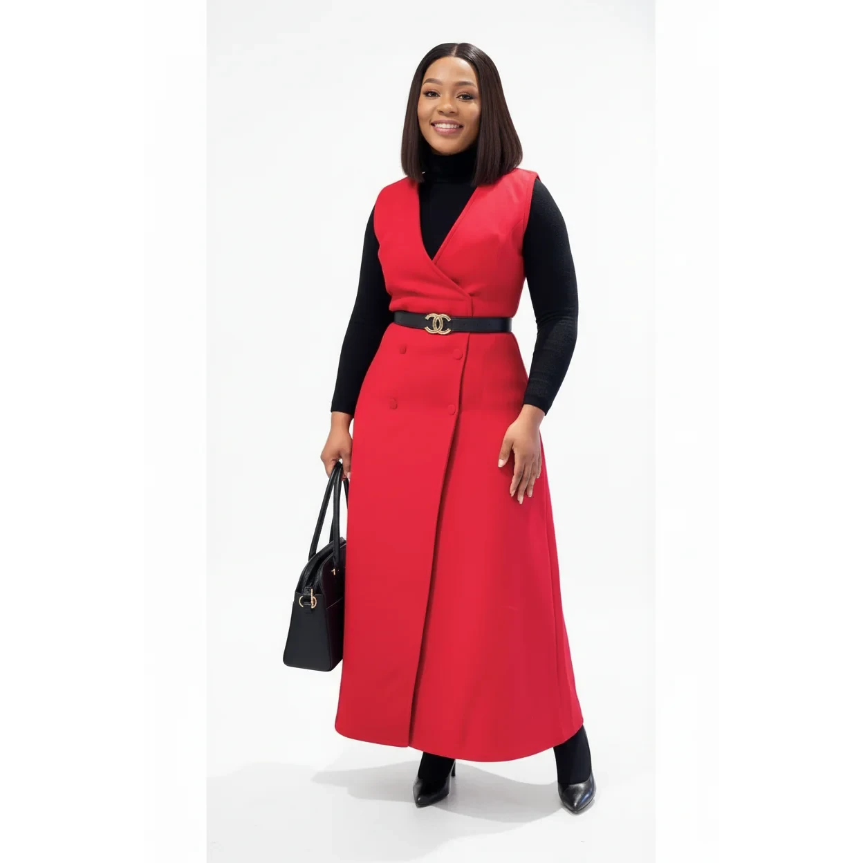 Plus Size Sleeveless V-Neck Belted Midi Dress