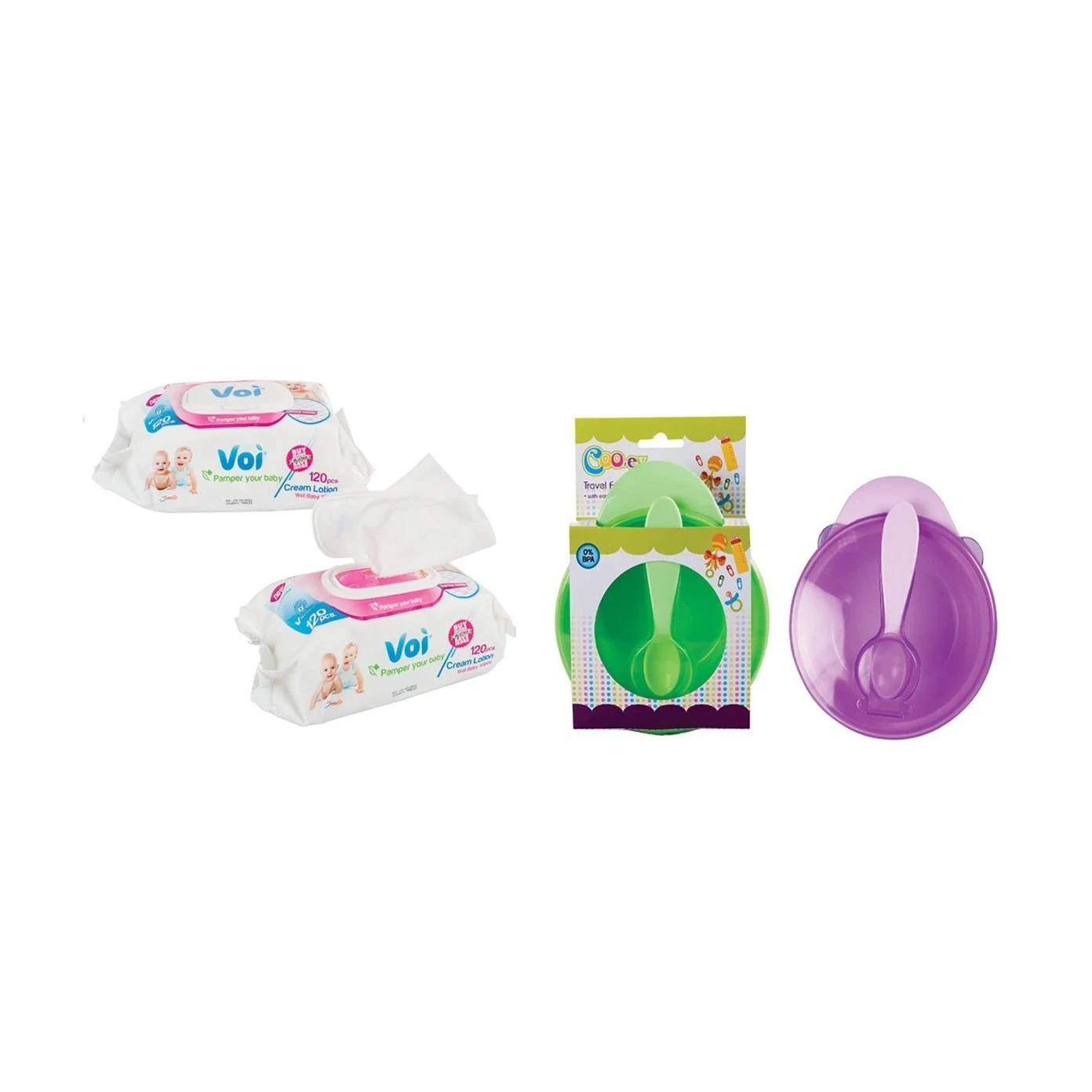 Cooey Feeding Bowl With Lid And Spoon & 2x Voi Wet Wipes 120 Piece