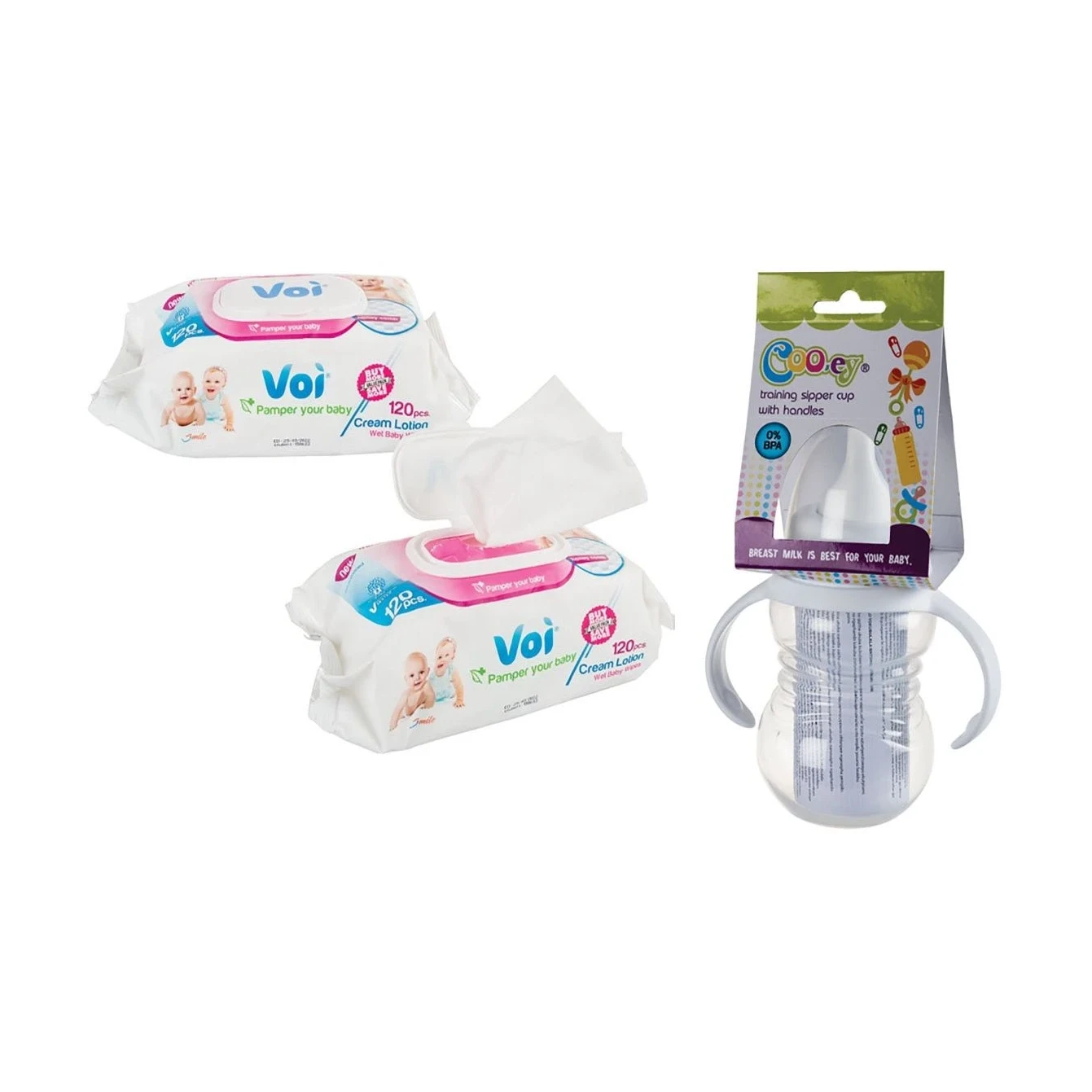 Cooey Training Bottle With Spout 250ml & 2x Voi Wet Wipes 120 Piece